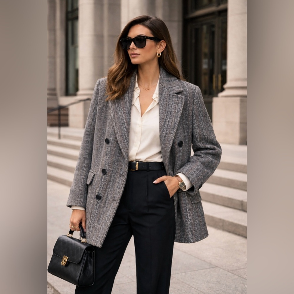 Elegant Women's Gray Vintage Herringbone Coat 100% Wool